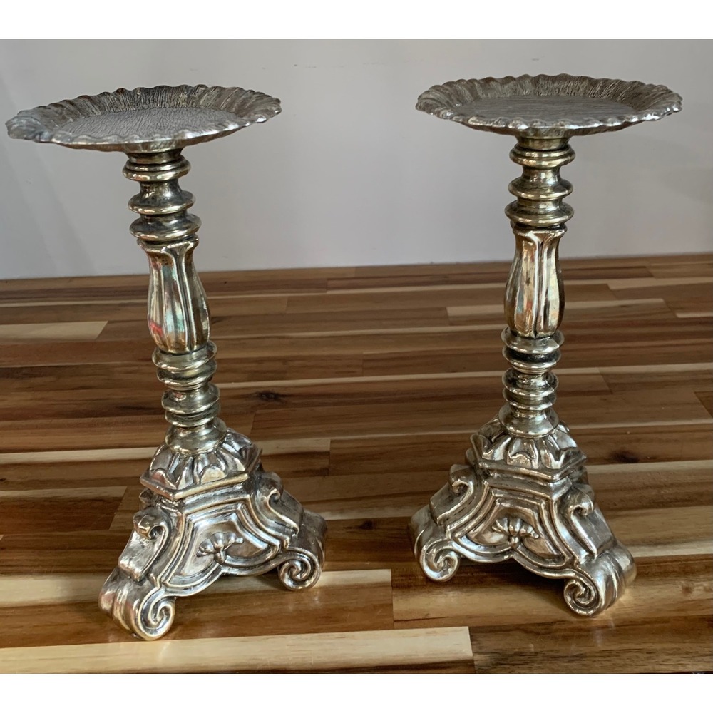 Vintage Rubel Silver Ornate Pillar Candle Holders Pair Baroque Dark Academia 90s